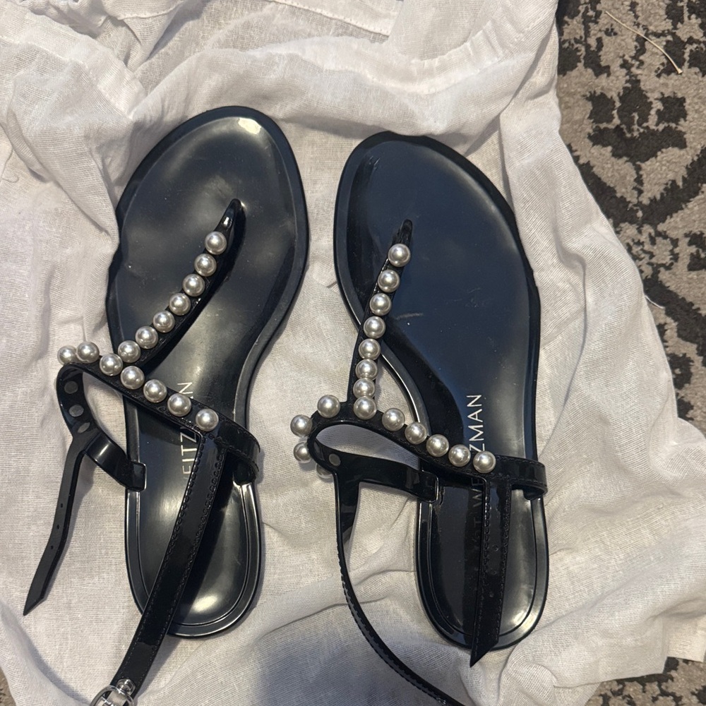 Stuart Weitzman Black Sandals with Pearl Embellishments